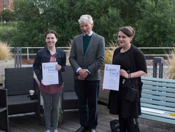 Ian Gow of the TCF with Anna Robinson and Callie Jerman as joint winners of the 2021 Karen Finch Prize (© Textile Conservation Foundation)