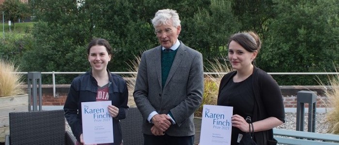 Ian Gow of the TCF with Anna Robinson and Callie Jerman as joint winners of the 2021 Karen Finch Prize (© Textile Conservation Foundation)