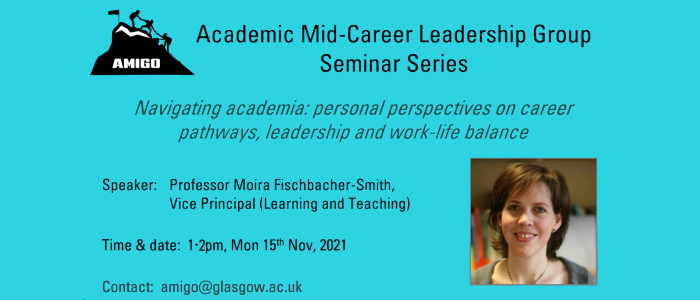 A graphic with details of the Navigating Academia seminar with Moira Fischbacher-Smith, who is pictured inset against a turquoise background