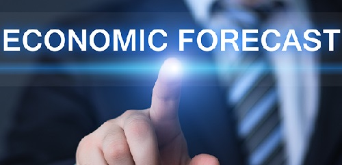 Words Economic Forecast, white on dark blue background, finger pointing, tip lit up