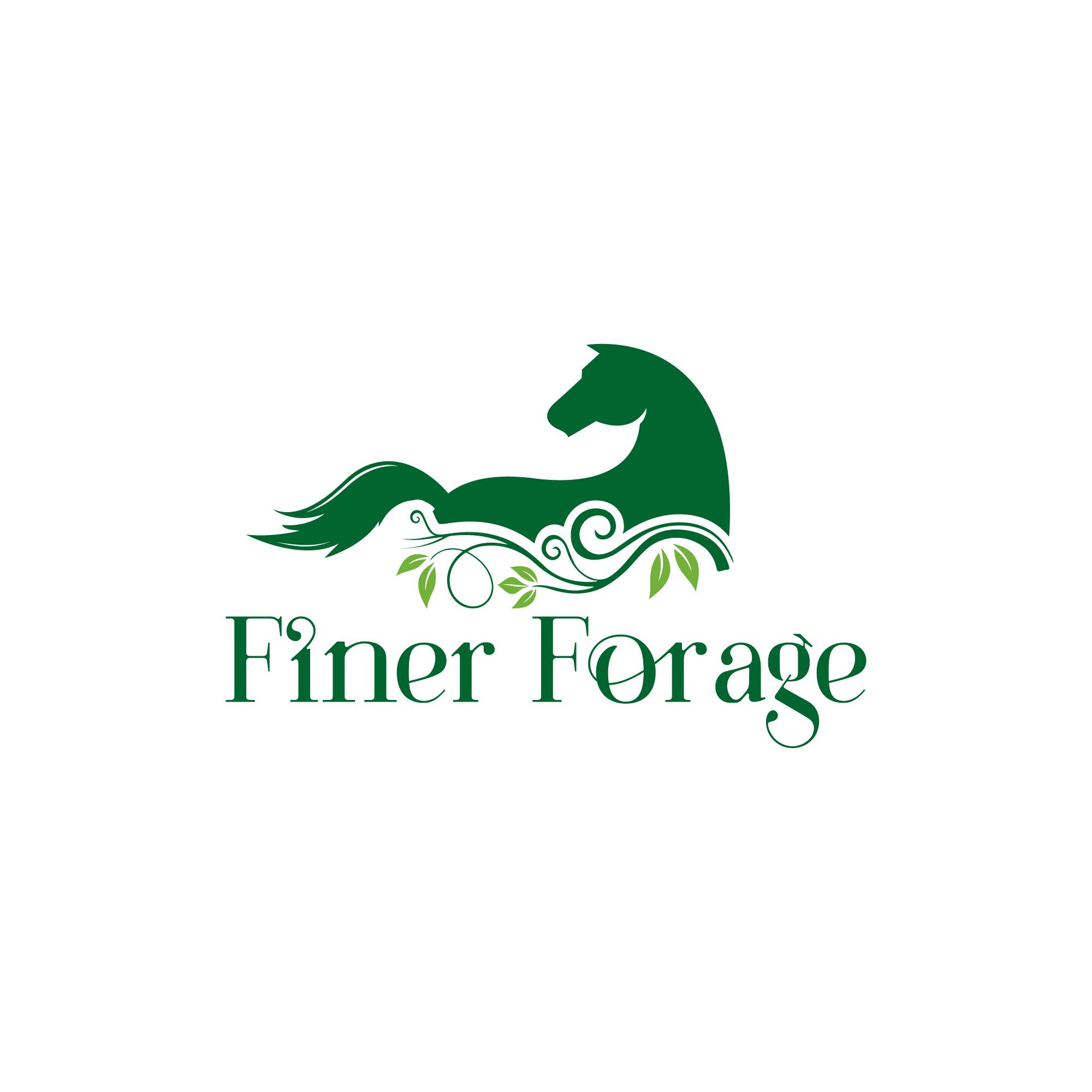 side view silhouette of a horse in green above Finer Forage text also in green