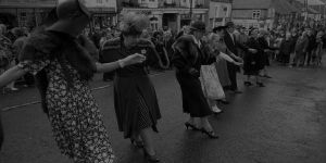 A line of people dancing