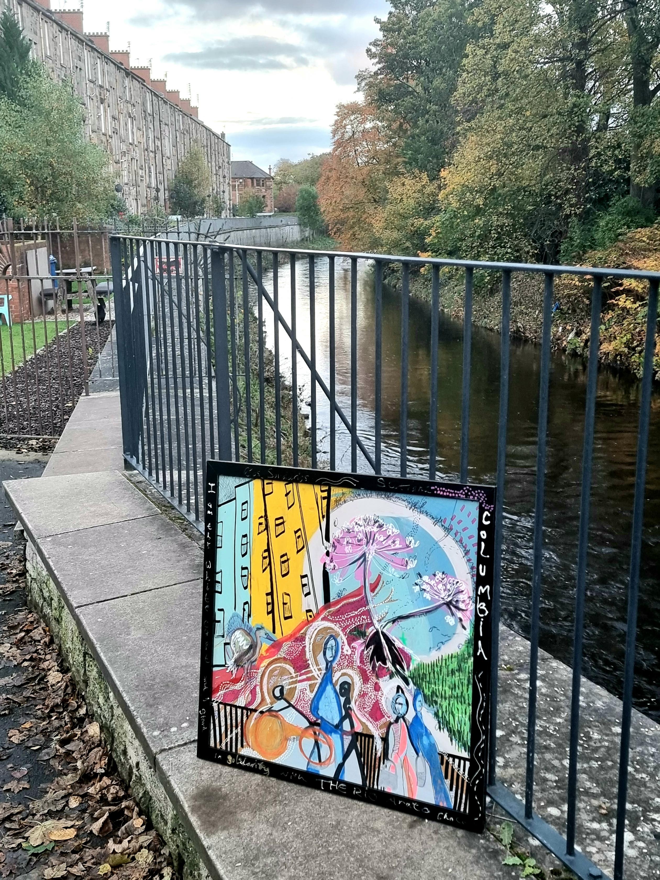 Abstract painting of White Cart River leaning against railings next to the river