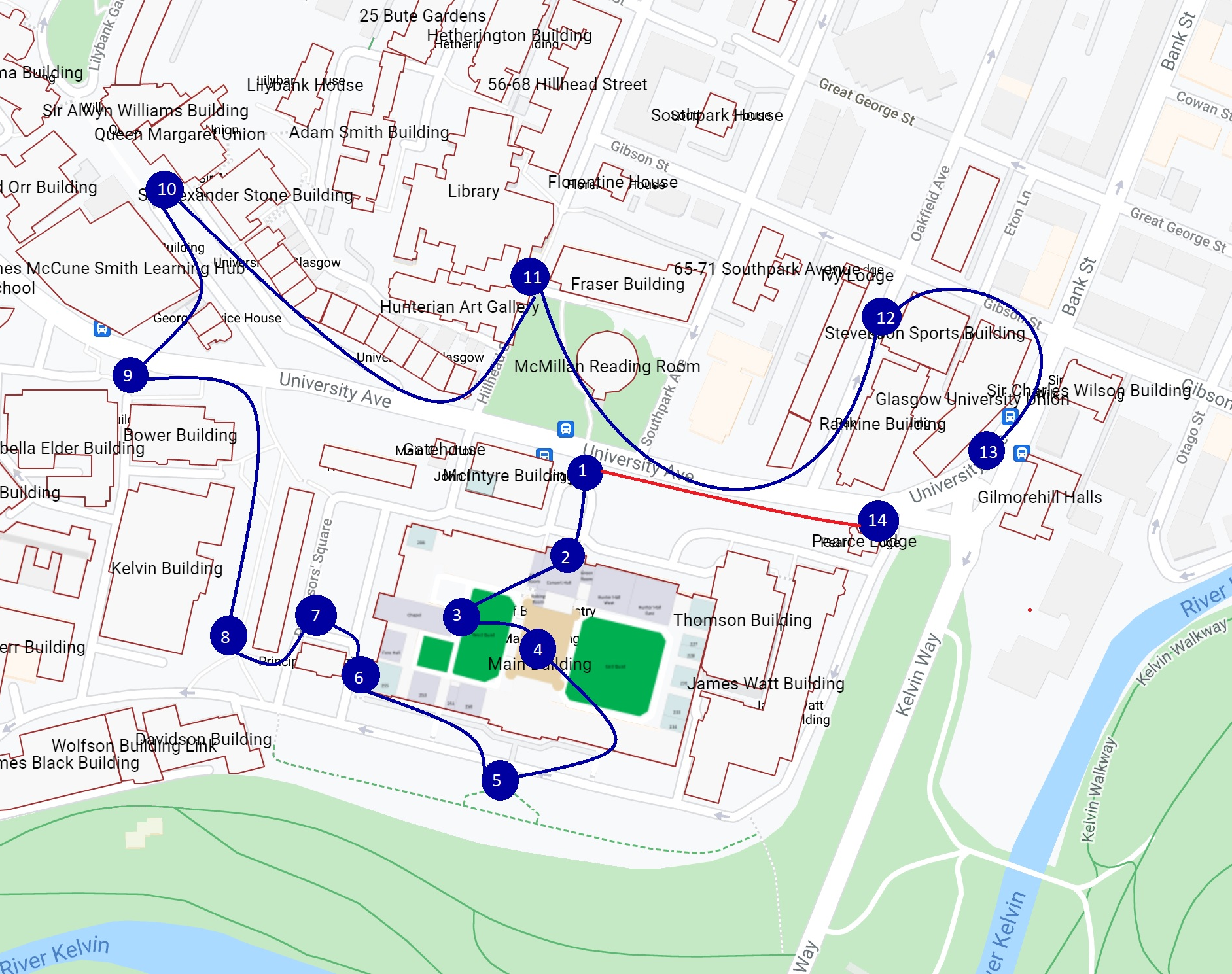 Map of University Campus with Labels for tour route