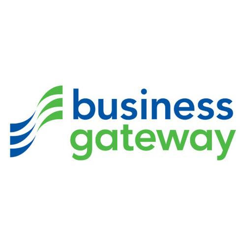 the company name in blue and green