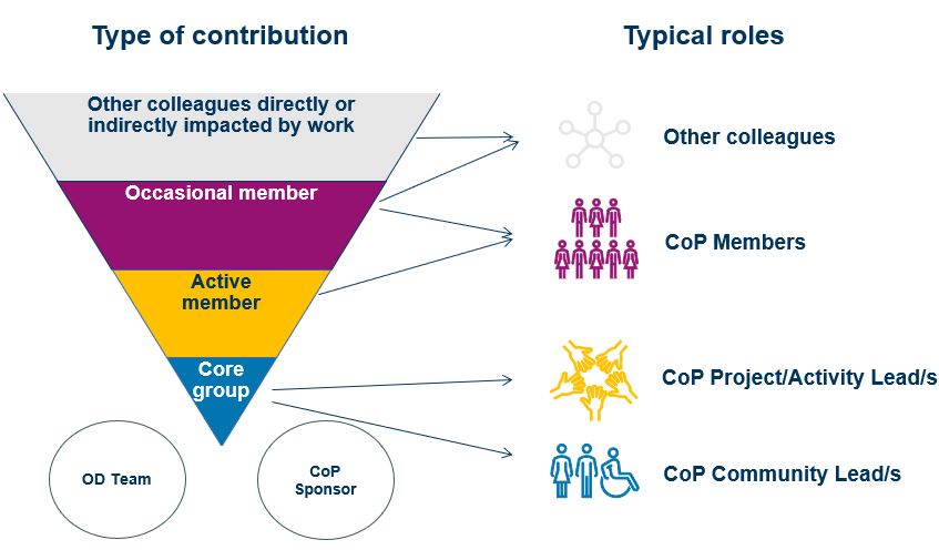An image showing the different types of roles and contributions in a CoP