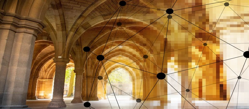 showing the University under croft blending into a representation of a data network