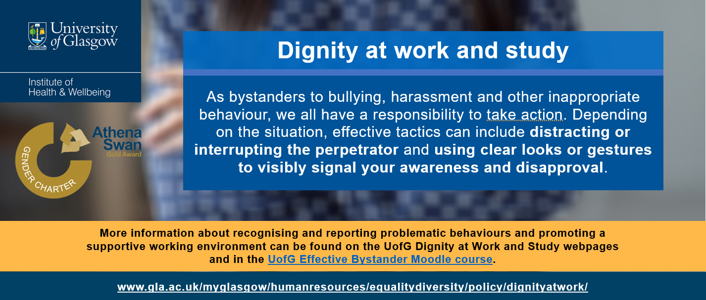 image depicting an aspect of dignity at work (being an effective bystander but distracting the perpetrator and using clear looks or gesture to signal disapproval)