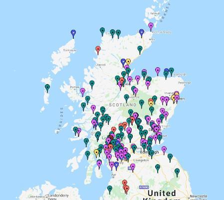 Map of scotland showing over 200 submissions of where people and animals have been bitten by ticks 