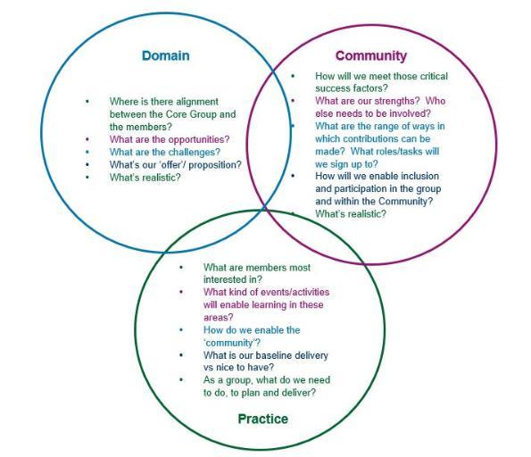 A graphic of three overlapping circles which contain the headings: Domain, Community, and Practice with accompanying questions 