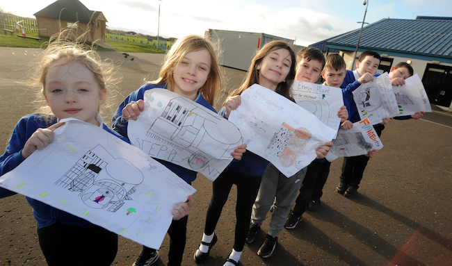 P6 pupils from Ardeer Primary in North Ayrshire show their drawings of the proposed STEP fusion power plant