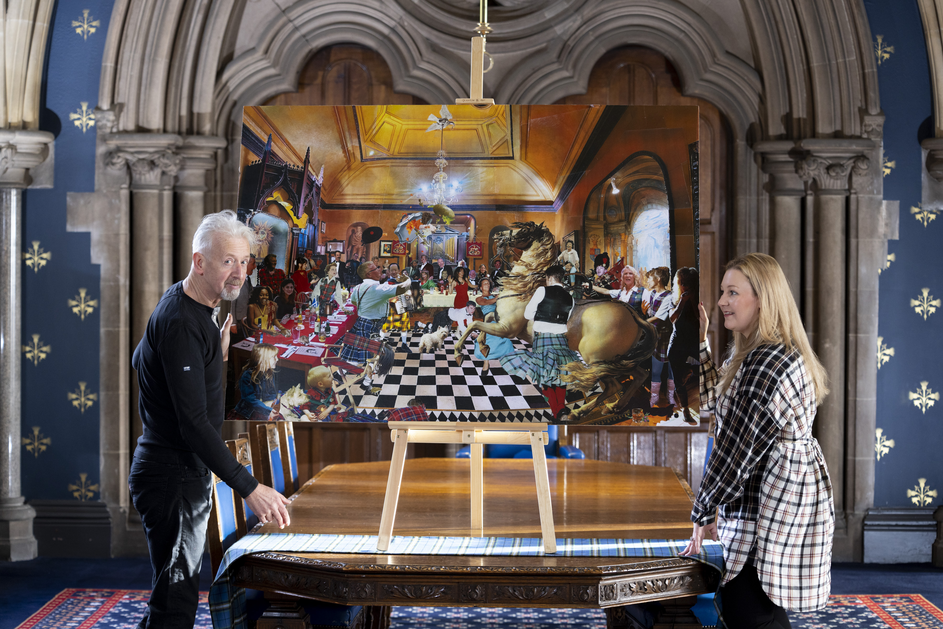 David Mach and Pauline Mackay in front of the Flying Haggis artwork