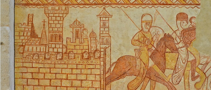 Mural from the Templar chapel at Cressac (Charente, France), showing Templar knights riding out of a castle, perhaps prior to the battle at La Bocquée in 1163 against the forces of Nur-al-Din. 