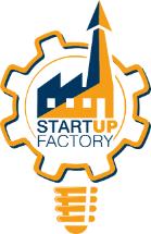 A two tone (blue and orange) factory above text (StartUp Factory) surrounded by a mechanical cog in orange colour