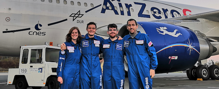 Beth Lomax, Gunter Just, Patrick McHugh, and Paul Broadley pictured in front of the Air Zero G Airbus A310 in which they conducted their microgravity experiments
