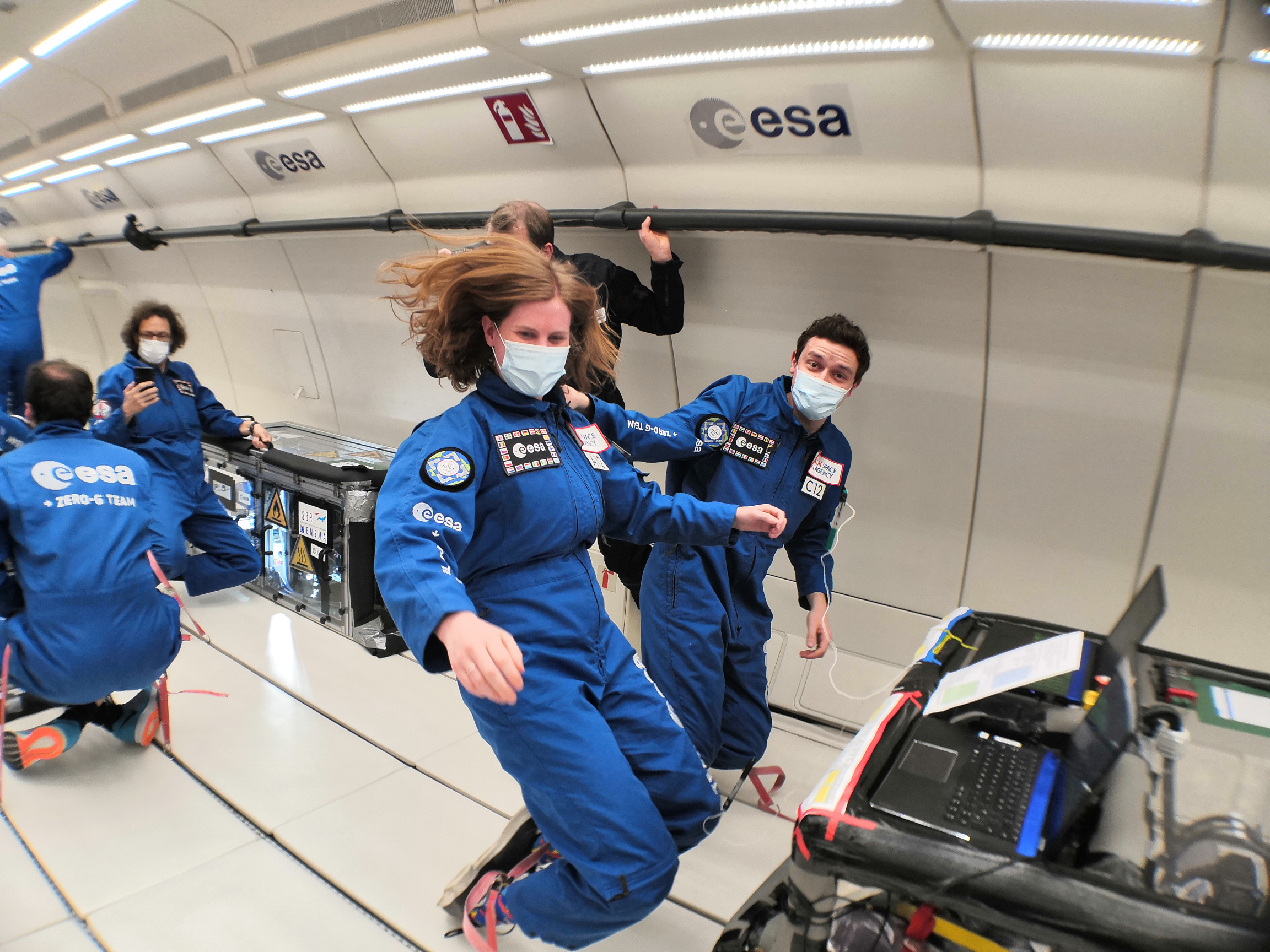Dr Beth Lomax and colleagues float in microgravity aboard a Air Zero G Airbus A310