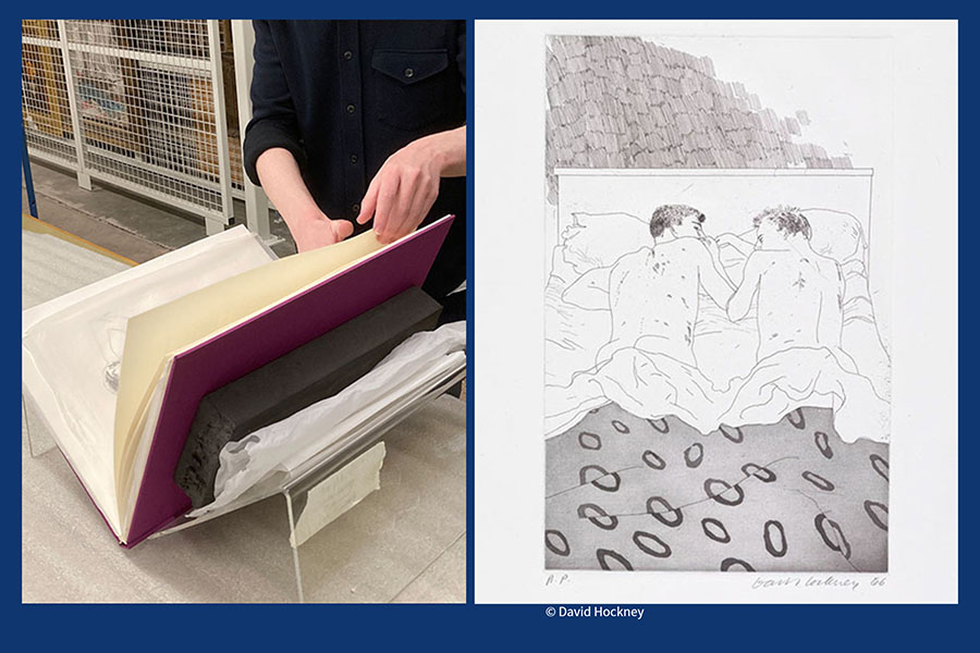 on left a person is examining a large book in an art store; on right, Hockney drawing of two men at rest in bed