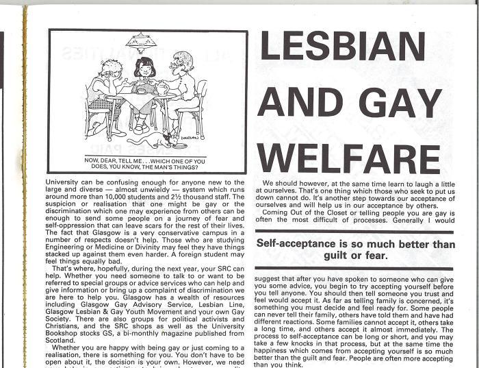 Lesbian & Gay Welfare article in UofG Student handbook 1986, cropped to view top half