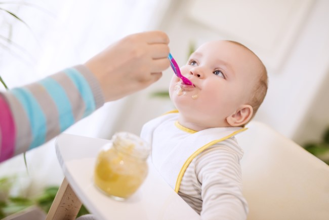 Baby being fed in their highchair