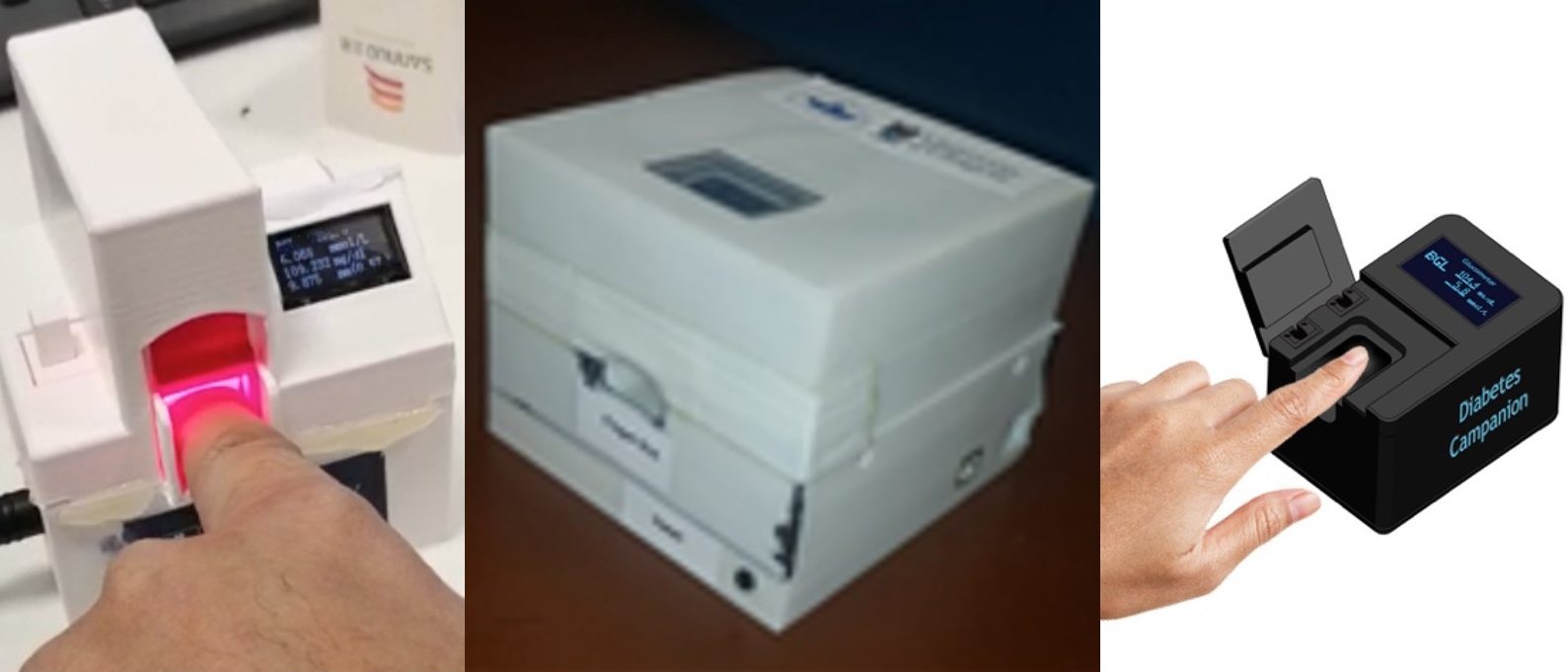 One picture of a finger placed on a lit-up scanner, one picture of a machine shaped like a cube, one picture of a finger placed on a small scanning device
