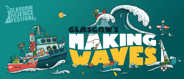 Glasgow science festival logo, festival title Glasgow Making Waves, several boats, large waves and a surfer