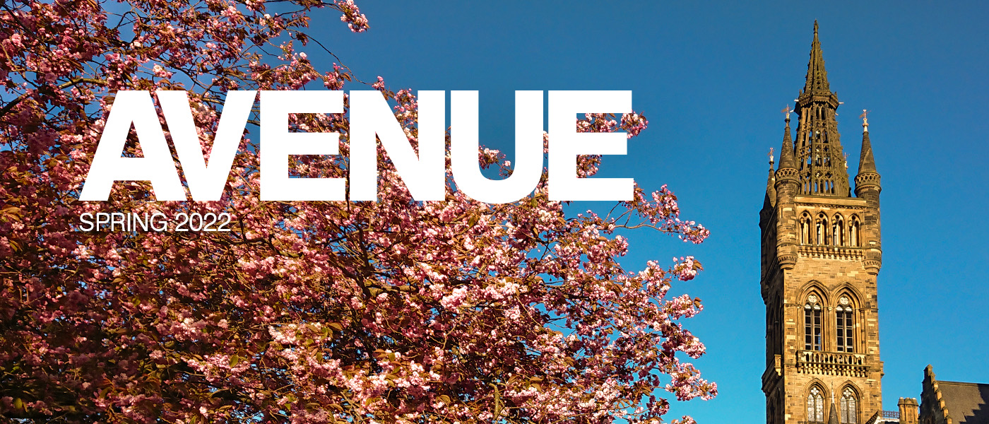 Masthead for Avenue Sping 2022 issue, with an image of the tower and a blossom tree