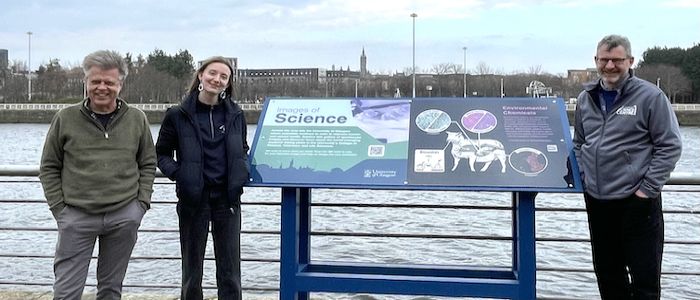 Professor Kevin O’Dell, fourth-year Neuroscience student Ella Ottersbach-Edwards and Dr Robin Hoyle, Director of Science at Glasgow Science Centre standing next to the Clyde