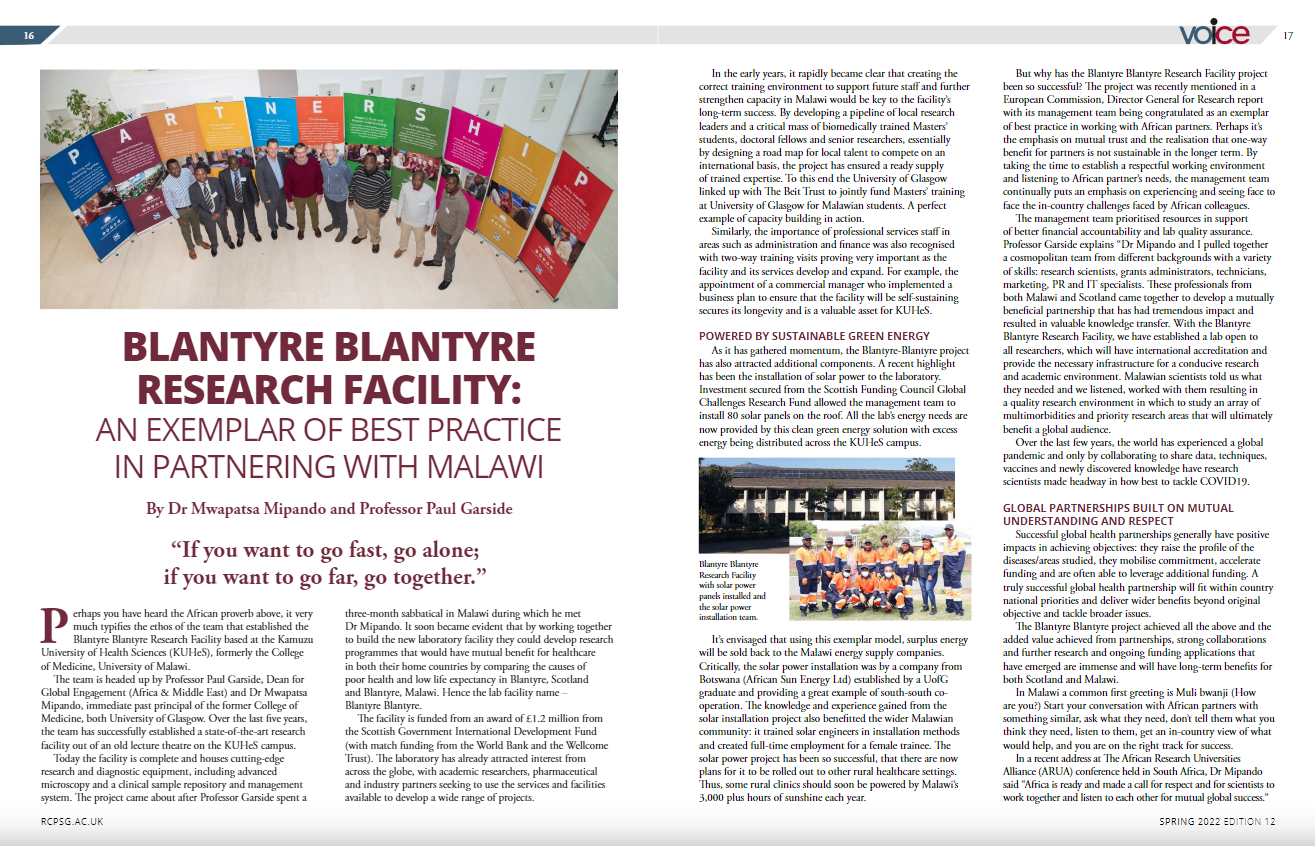 A double page spread article in the The Voice on the Blantyre Blantyre Research Facility