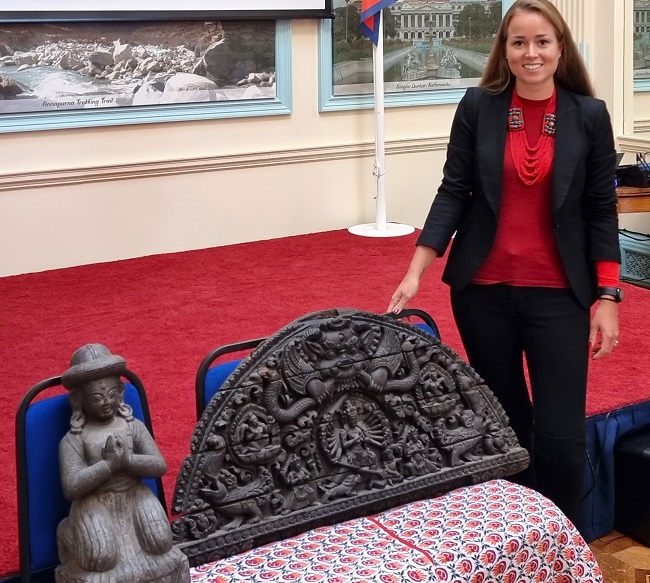 Dr Emiline Smith with Nepalese artefacts to be repatriated 650