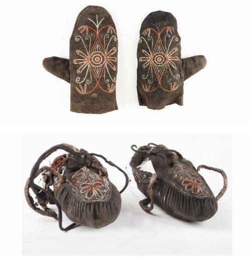 Huron Wendat crafts: animal skin moccasins and mittens - decorated with colourful threads