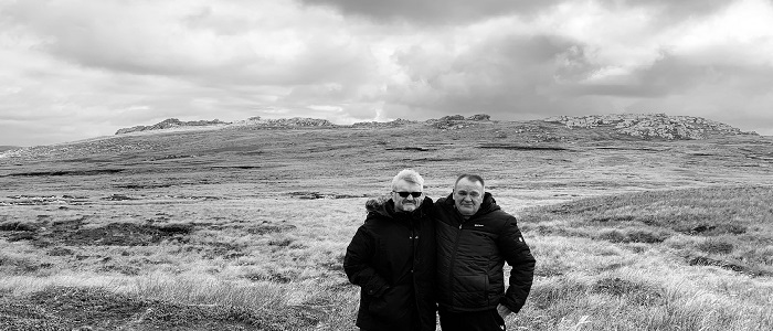 Two Falklands War veterans at Tumbledown on Falkland Islands as part of a project to map the battefields during the 40th anniversary of the start of the conflict