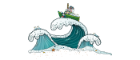 Carton wave with scientist in a boat on the water.