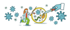 Viruses and microbes in a petri dish and a female scientist.