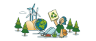 Person holding recycling sign surrounded by trees and wind turbines. 