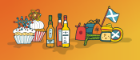 Assortment of cartoon food items and bottles.