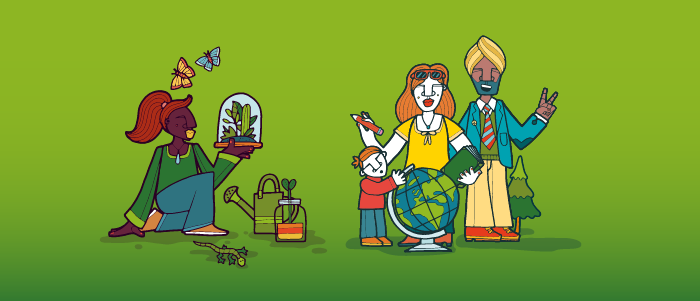 Family holding globe and person surrounded by environmental objects