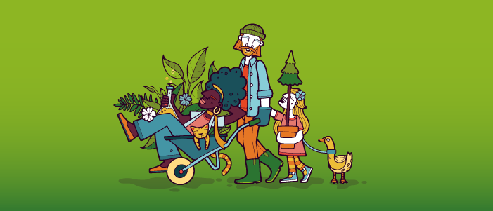 Lady in wheelbarrow being pushed by a man followed by a child