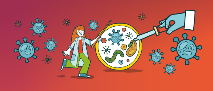 Cartoon scientist in front of a petri dish and surrounded by molecules