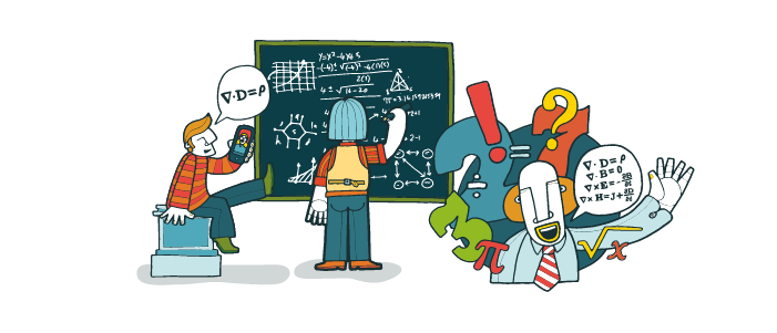 Cartoon people writing maths equations on a black board