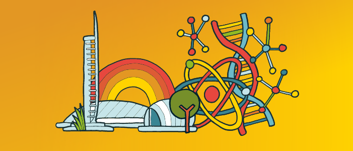 Cartoon illustration of Glasgow Science Centre and molecules