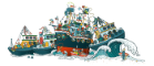 Several cartoon ships behind waves