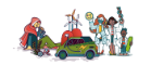 Cartoon electric car surrounded by scientists 