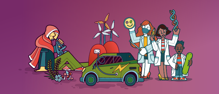 Cartoon electric car surrounded by scientists with DNA and microscopes