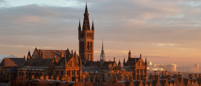 University of Glasgow Main Camps Building at sunset