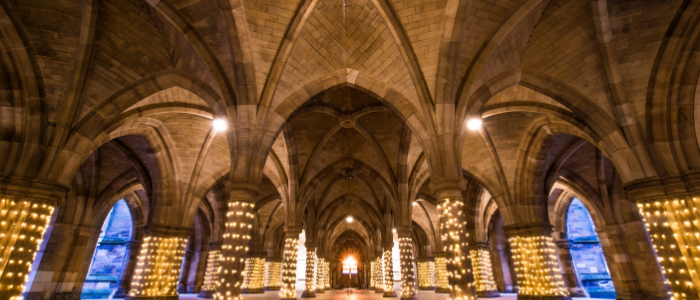 Shot of the cloisters at University of Glasgow with fairy lights