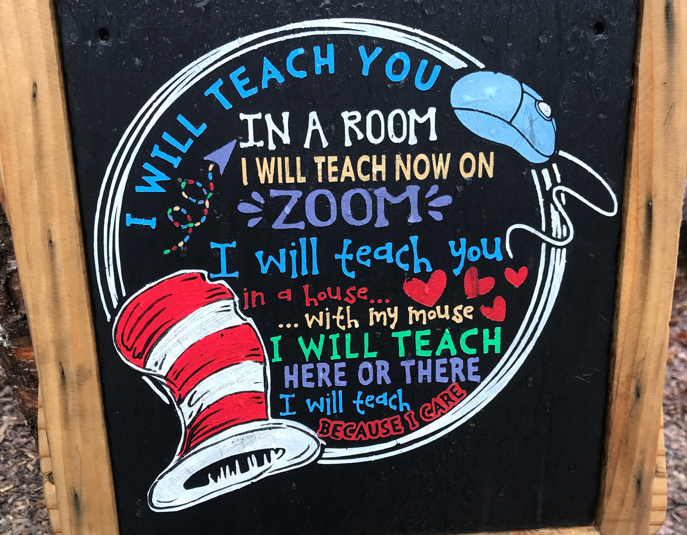 placard about teaching on zoom