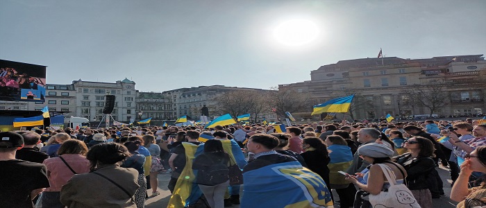 March with people holding Ukraine flags