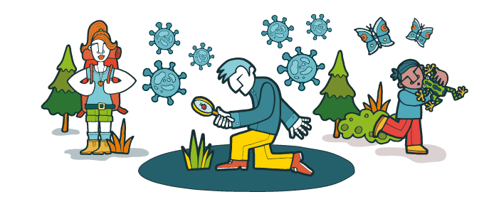 Person holding magnifying glass looking at bugs in grass.