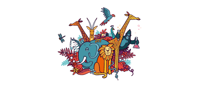 An assortment of cartoon animals including a lion, elephant, giraffe and gorilla. 