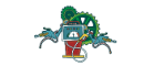 Cartoon robot with cogs behind it. 